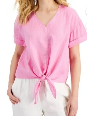 Linen Charter Club Luxury Blouse Womens XL Pink Pastel Summer Beachy Light